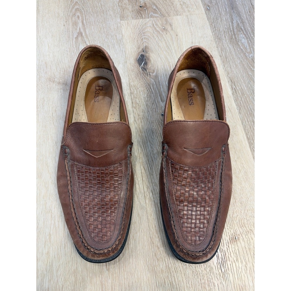 Bass Mens Brown Leather Woven Penny Loafers Woven Apron Toe Slip On Shoes